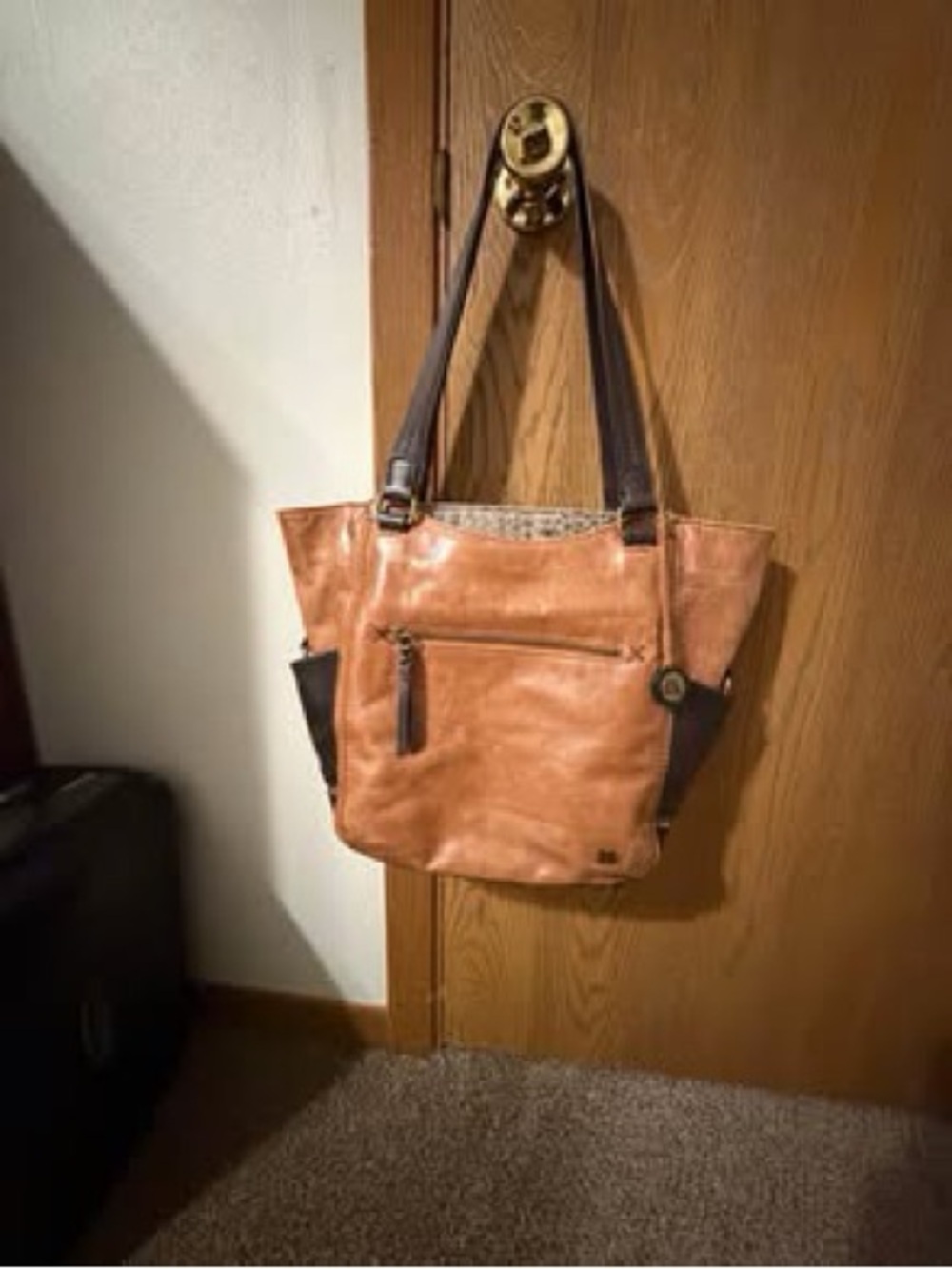 The Sak Tan Leather Shoulder Tote with Dark Brown Straps